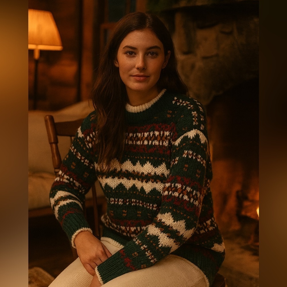 Vintage chunky Green Patterned festive nordic fair isles Sweater size medium